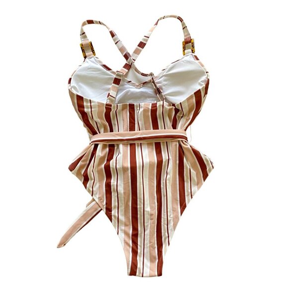 Cupshe One Piece Striped Cross Back Belted Swimsuit Women's Large NEW NWT - Picture 5 of 13